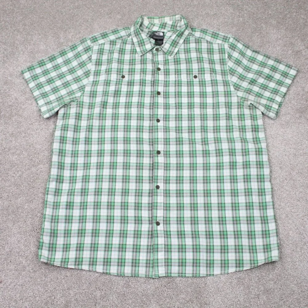 The North Face Shirt Mens XL Green/Gray Plaid Short Sleeve Cotton/Poly Button‎